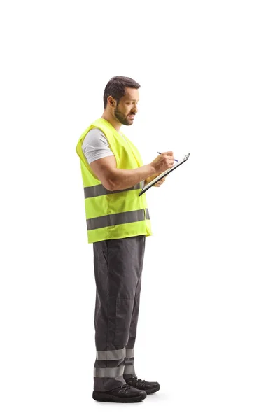 Road Assistance Worker Reflective Vest Writing Document Isolated White Background — Stock Photo, Image