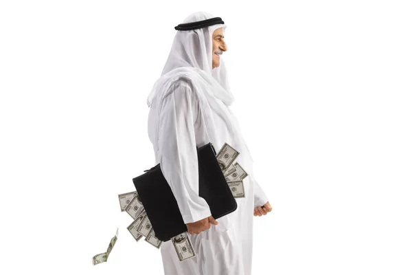Профільний Знімок Арабського Чоловіка Портфелем Повним Грошей Ізольовано Білому Тлі — стокове фото