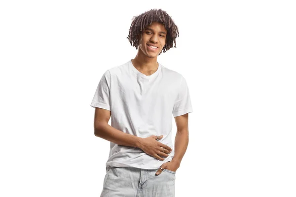 Πορτρέτο Ενός Νεαρού Αφροαμερικανού Μοντέλου Που Φοράει Τζιν Και Λευκό — Φωτογραφία Αρχείου