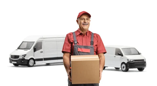 Cheerful Mature Delivery Man Front Transport Vans Carrying Cardboard Box — Stock Photo, Image