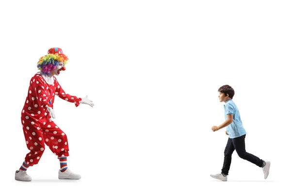 Boy Running Clown Isolated White Background — Stock Photo, Image