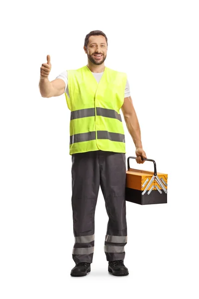 Road Help Worker Reflective Vest Holding Tool Box Gesturing Thumbs — Stock Photo, Image