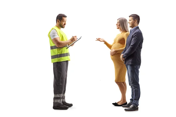 Road Assistance Worker Reflective Vest Writing Document Talking Couple Isolated — Stock Photo, Image