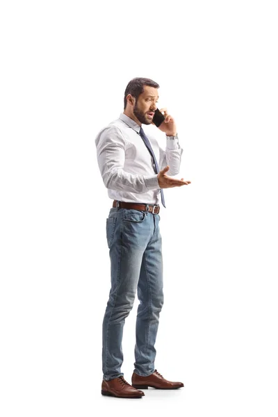 Full Length Shot Serious Professional Man Using Smartphone Isolated White — Stock Photo, Image