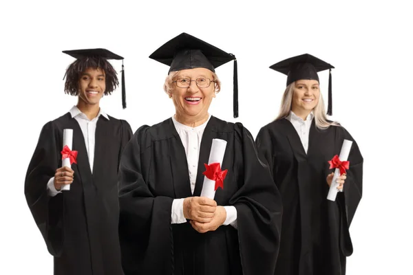 Dumni Absolwenci Starsza Kobieta Certyfikatami Uśmiechem Białym Tle — Zdjęcie stockowe