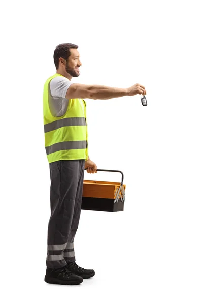 Full Length Profile Shot Road Help Worker Reflective Vest Holding — Stock Photo, Image