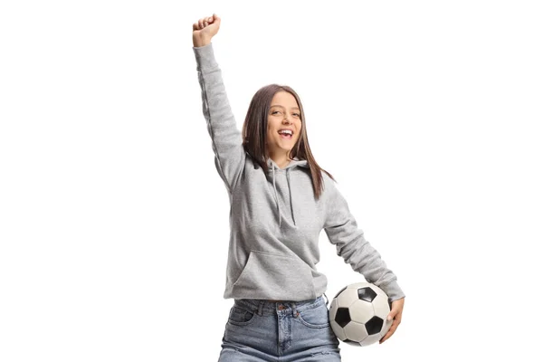 女足球迷在白色背景下与一个孤立的球一起欢呼 — 图库照片