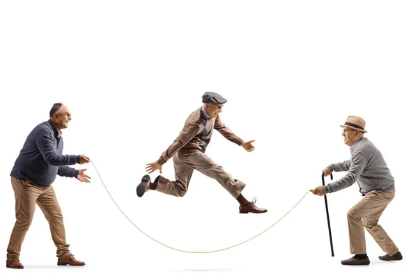 Elderly Man Playing Game Skipping Rope Isolated White Background — Stock Photo, Image