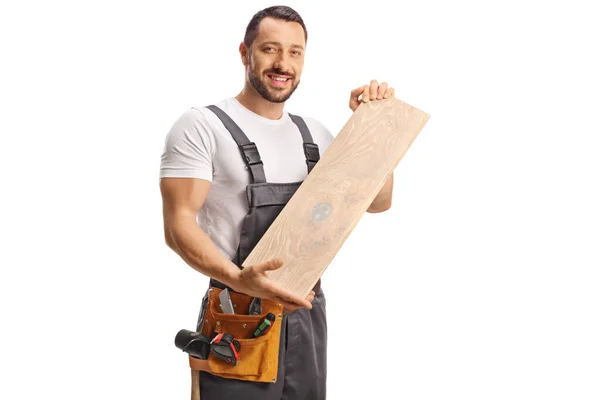 Carpenter Holding Wooden Floor Beam Isolated White Background — Stock Photo, Image