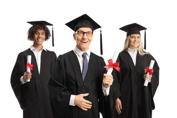 Orgullosos Estudiantes Graduados Anciano Con Certificados Sonriente Aislado Sobre Fondo —  Fotos de Stock