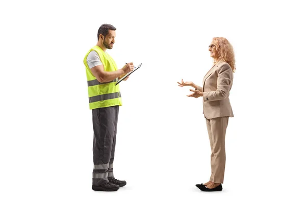 Road Assistance Worker Reflective Vest Writing Document Talking Woman Isolated — Stock Photo, Image