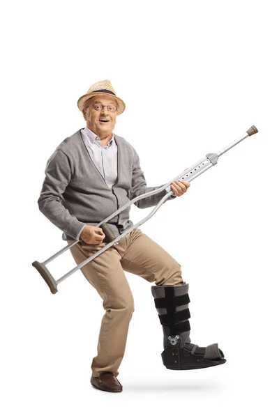 Full Length Portrait Mature Man Leg Orthopedic Brace Playing Guitar — Stock Photo, Image