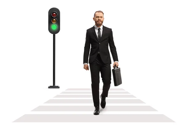 Full Length Portrait Young Businessman Crossing Road Pedestrian Zebra Isolated — Stock Photo, Image