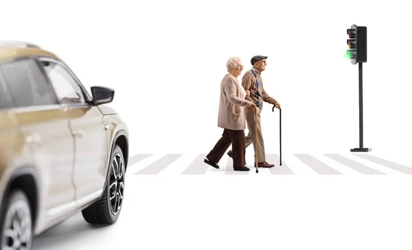 Full Length Profile Shot Elderly Couple Walking Pedestrian Crosswalk While — Stock Photo, Image