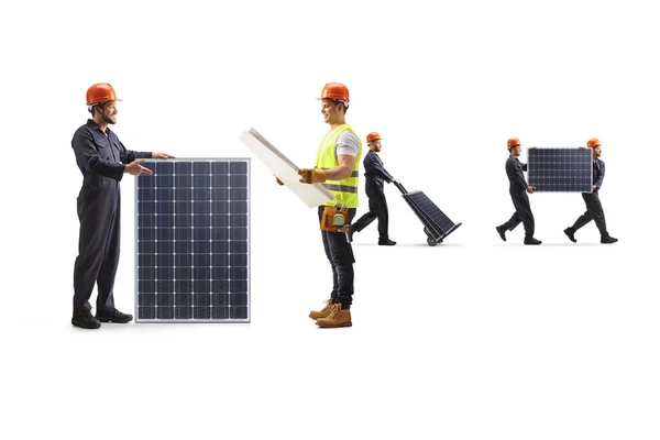 Ingenieur Und Arbeiter Uniform Diskutieren Über Eine Photovoltaikanlage Auf Weißem — Stockfoto