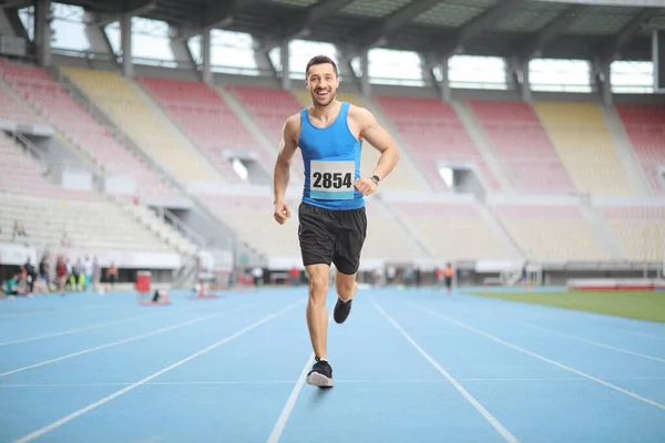 Full Length Portrait Man Running Race Stadium — Stock Photo, Image