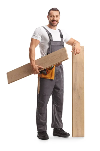 Full Length Shot Carpenter Holding Wooden Floor Beams Isolated White — Stock Photo, Image