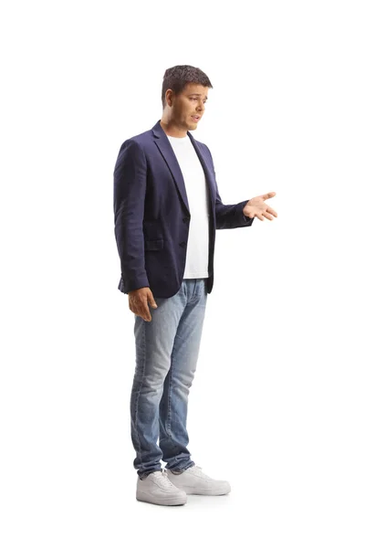 Full Length Shot Man Talking Gesturing Hand Isolated White Background — Stock Photo, Image