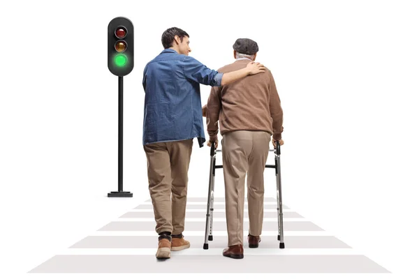 Rear View Shot Young Man Helping Elderly Man Walker Pedestrian — Stock Photo, Image