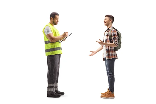 Full Length Shot Male Student Talking Man Reflective Vest Isolated — Stock Photo, Image