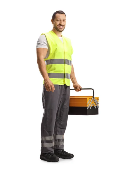 Worker Reflective Vest Holding Tool Box Smiling Isolated White Background — Stock Photo, Image
