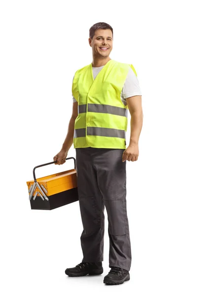 Contractor Reflective Vest Holding Tool Box Smiling Isolated White Background — Stock Photo, Image