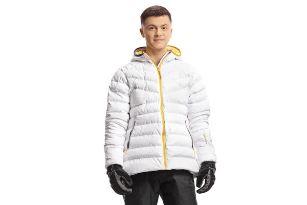 Guy Dalam Jaket Musim Dingin Putih Dan Celana Ski Terisolasi — Stok Foto