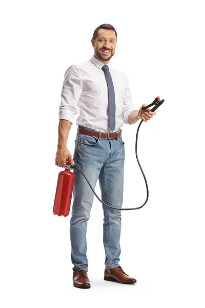 Full Length Portrait Man Holding Car Fire Extinguisher Isolated White — Stock Photo, Image