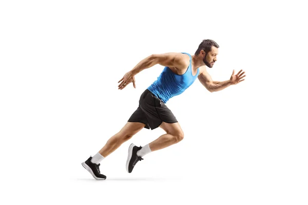 Full Length Profile Shot Fit Man Starting Run Isolated White — Stock Photo, Image
