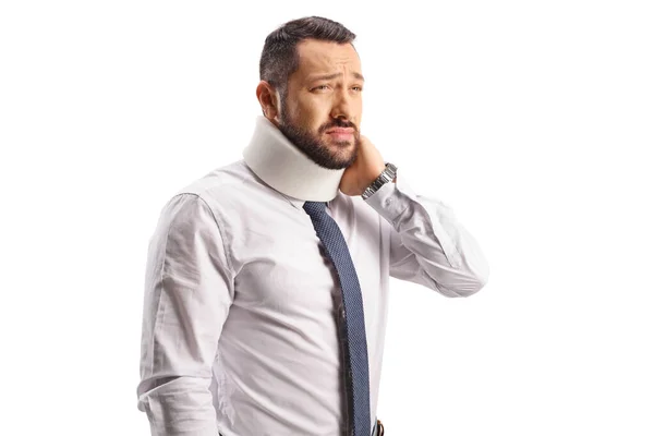 Uomo Ferito Con Collare Cervicale Che Tiene Collo Isolato Sfondo — Foto Stock