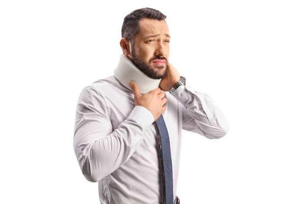 Verletzter Mann Unter Schmerzen Mit Halsband Der Seinen Hals Isoliert — Stockfoto
