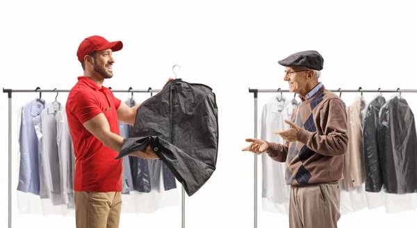 Laundry Worker Giving Suit Cover Case Elderly Man Isolated White — Stock Photo, Image