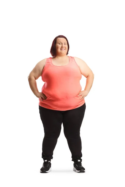 Übergewichtige Junge Frau Sportkleidung Steht Isoliert Lächelnd Auf Weißem Hintergrund — Stockfoto