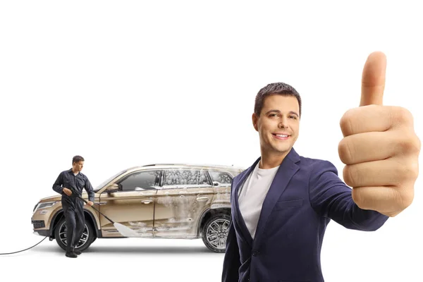 Satisfied Customer Gesturing Thumbs Carwash Isolated White Background — Stock Photo, Image