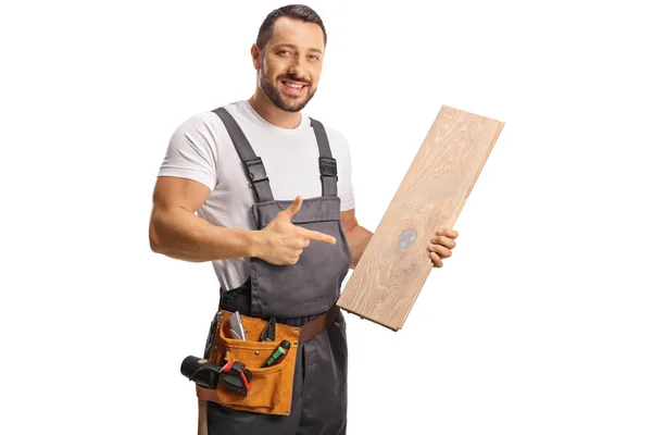 Carpenter Holding Wooden Floor Beam Pointing Isolated White Background — Stock Photo, Image