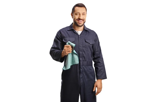 Carwash Werknemer Een Uniform Met Een Afveegdoek Geïsoleerd Witte Achtergrond — Stockfoto