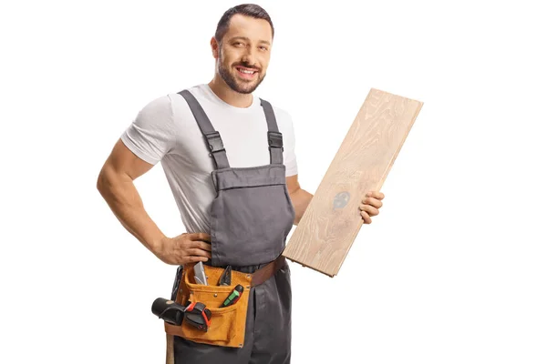 Carpenter Holding Wooden Floor Beam Isolated White Background — Stock Photo, Image