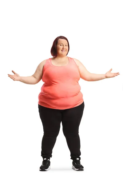 Übergewichtige Junge Frau Sportkleidung Steht Und Lächelt Isoliert Auf Weißem — Stockfoto