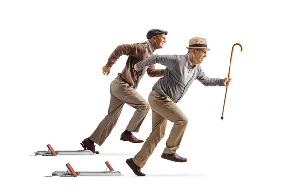 Profilul Complet Lungime Doi Bărbați Vârstă Care Încep Alergare Blocuri — Fotografie, imagine de stoc