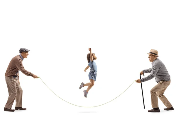 Beyaz Arka Planda Izole Edilmiş Küçük Bir Kızla Atlama Oyunu — Stok fotoğraf