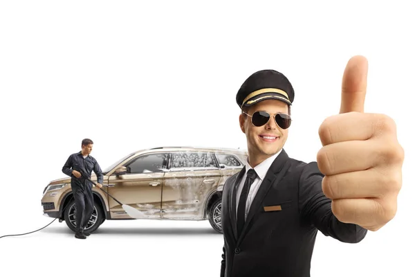 Chauffeur Gesturing Thumbs Carwash Isolated White Background — Stock Photo, Image