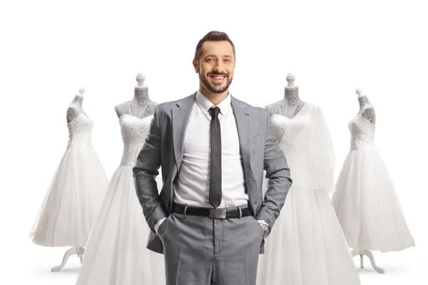 Professional Man Gray Suit Standing Front Wedding Gowns Isolated White — Stock Photo, Image