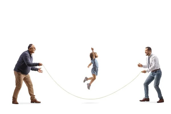 Повнометражний Знімок Профілю Дівчини Двох Чоловіків Які Грають Мотузці Ізольовані — стокове фото