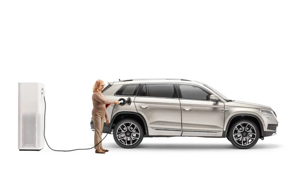 Woman Charging Suv Electrical Vehicle Charging Point Isolated White Background — Stock Photo, Image