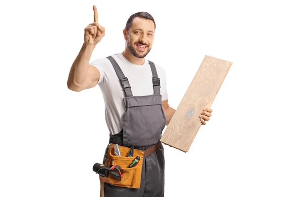 Carpenter Holding Wooden Floor Beam Pointing Isolated White Background — Stock Photo, Image