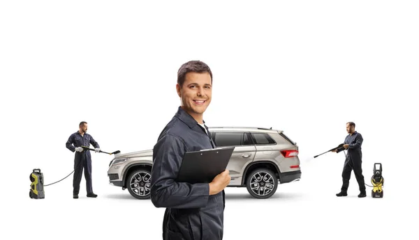 Car Wash Manager Workers Washing Suv Pressure Washer Machines Isolated — Stock Photo, Image