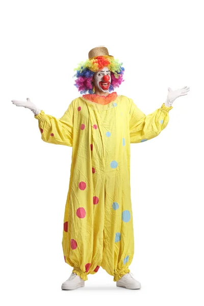 Full Length Portrait Clown Yellow Costume Gesturing Welcome Hands Isolated — Stock Photo, Image