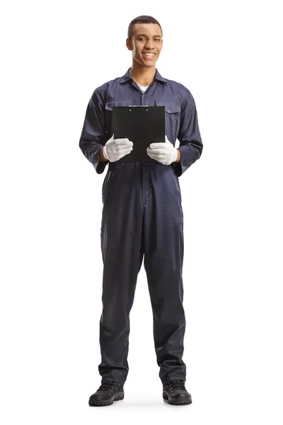 Full Length Portrait African American Car Mechanic Holding Clipboard Smiling — Stock Photo, Image