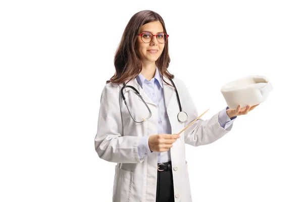 Young Female Doctor Holding Cervical Collar Pointing Stick Isolated White — Stock Photo, Image