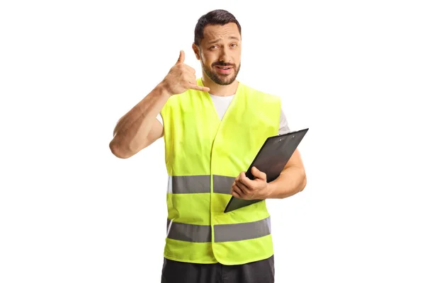 Man Reflective Vest Holding Clipboard Gesturing Phone Call Isolated White — Stock Photo, Image
